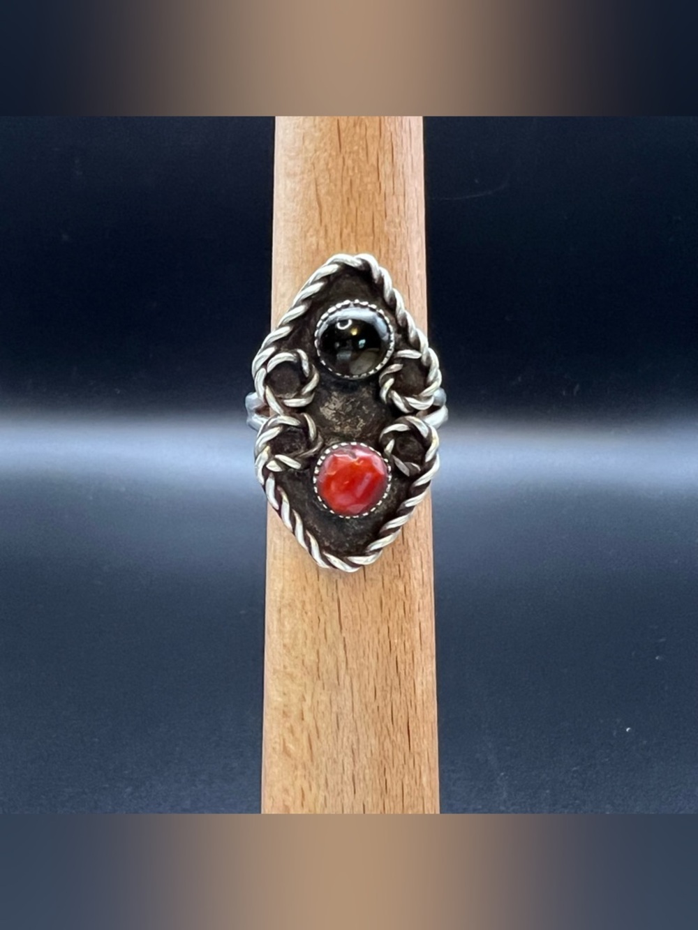Native American Coral & Onyx Ring